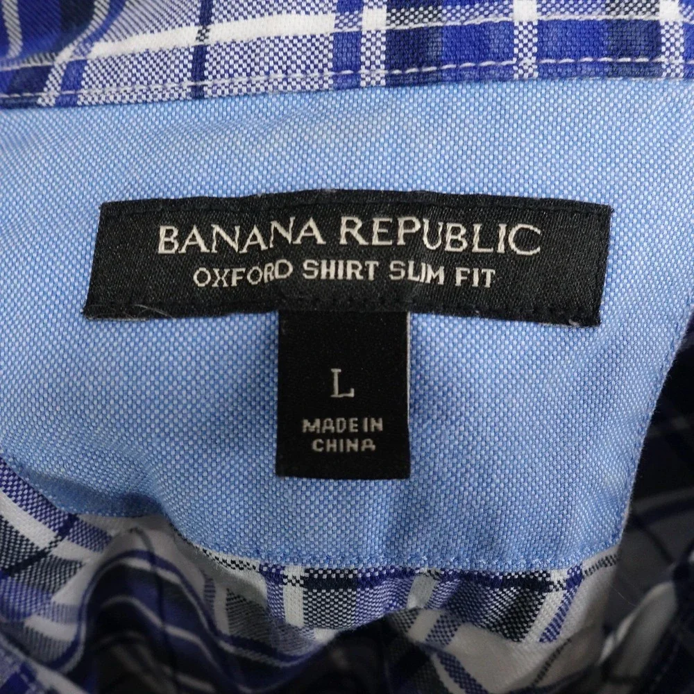Banana Republic Oxford Shirt Large Blue Plaid Long Sleeve‎ Button Up Slim Fit